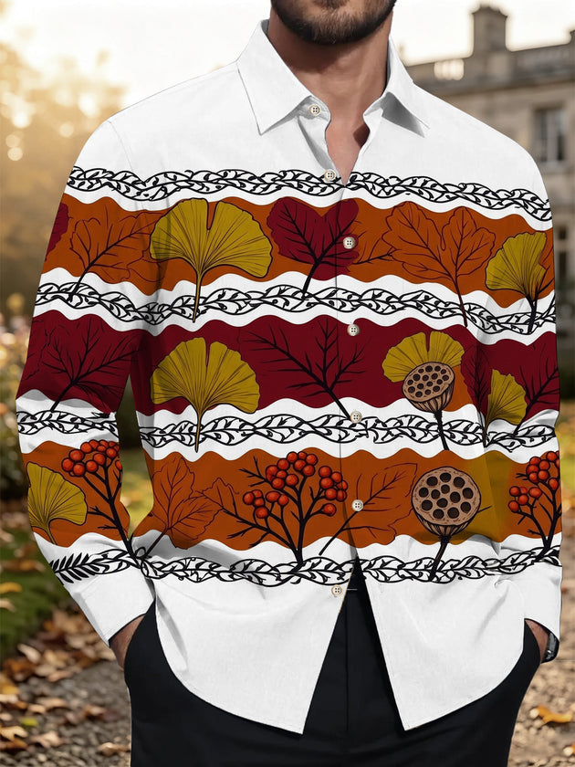 Adaychic Men's Striped Autumn Leaves And Berries Print Long Sleeve Shirt with Chest Pocket