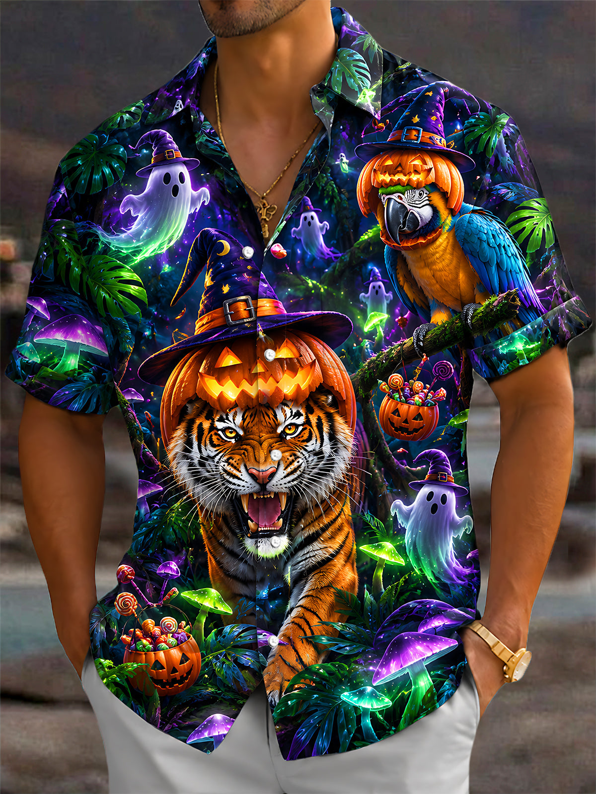 Adaychic Men's Hawaiian Halloween Tiger Print Short Sleeve Shirt