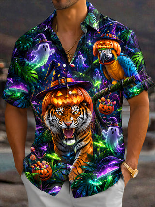 Adaychic Men's Hawaiian Halloween Tiger Print Short Sleeve Shirt