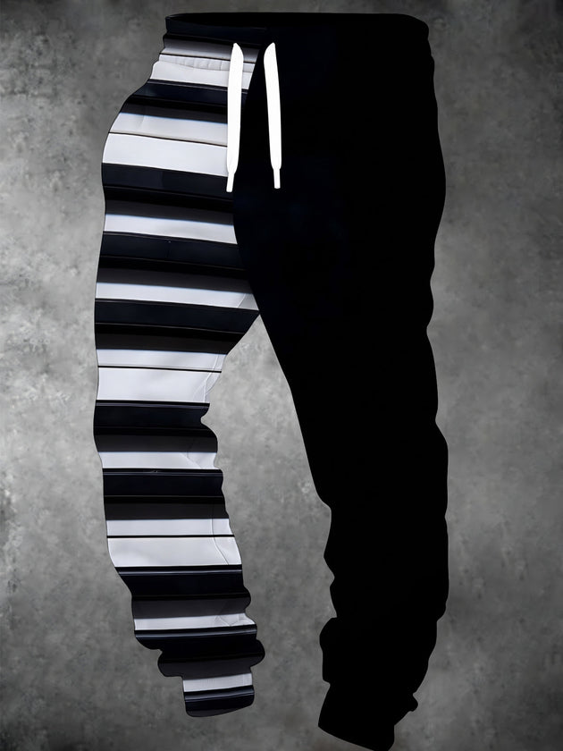 Adaychic Men's Drawstring Elastic-Waist Sweatpants - Black And White Striped Pattern with Side Pockets