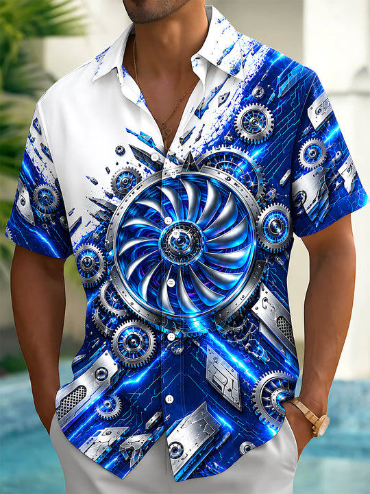 Adaychic Men's Graphic Mechanical Turbine Gear Print Short Sleeve Shirt with Chest Pocket