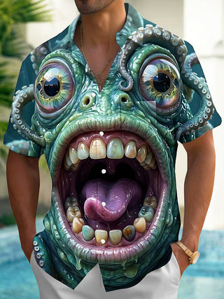 Adaychic Men's Graphic Octopus Monster Face Print Short Sleeve Shirt with Chest Pocket