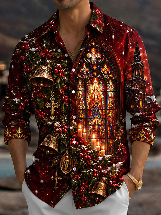 Adaychic Men's Long Sleeve Shirt - Christmas Gothic Stained Glass Window And Religious Figures Print with Chest Pocket
