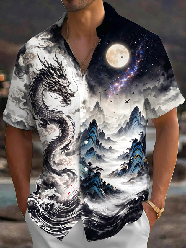 Adaychic Men's Short Sleeve Shirt - Ink Dragon And Moonlit Mountain Landscape Print with Chest Pocket