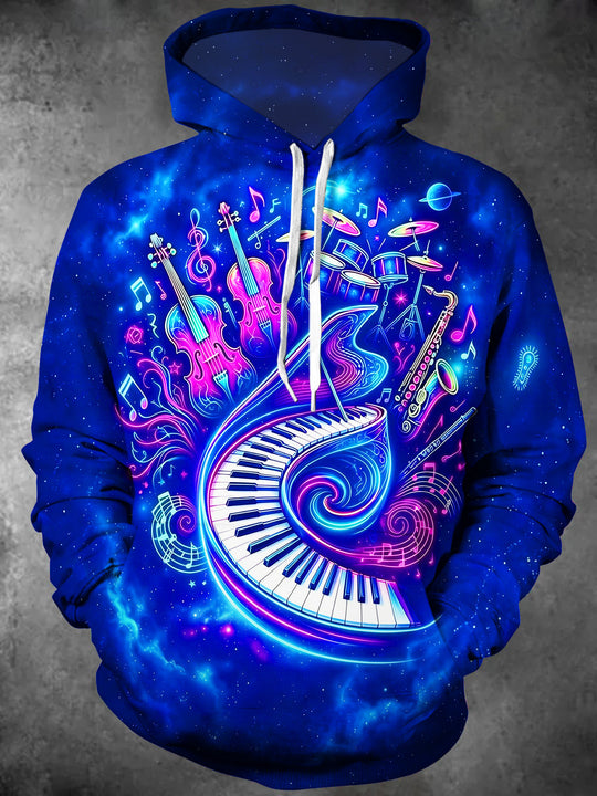 Adaychic Men's Neon Musical Instruments And Starry Sky Print Long Sleeve Hoodie