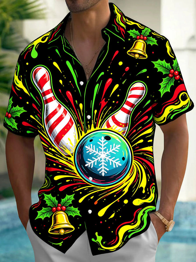 Adaychic Men's Short Sleeve Shirt - Christmas Bowling Pins And Snowflake Bowling Ball Print with Chest Pocket