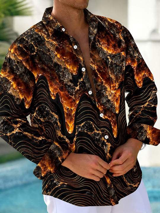 Adaychic Men's Abstract Geometric Lava And Wave Lines Print Long Sleeve Shirt with Chest Pocket