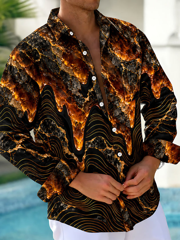 Adaychic Men's Abstract Geometric Lava And Wave Lines Print Long Sleeve Shirt with Chest Pocket