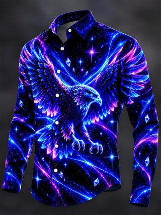 Adaychic Men's Neon Eagle With Galaxy Background Print Long Sleeve Shirt with Chest Pocket