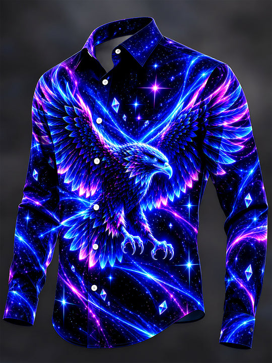 Adaychic Men's Neon Eagle With Galaxy Background Print Long Sleeve Shirt with Chest Pocket