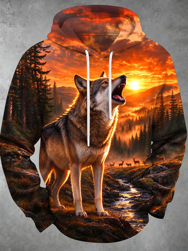 Adaychic Men's Howling Wolf And Deer In Sunset Forest Print Long Sleeve Hoodie