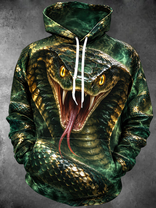 Adaychic Men's Long Sleeve Hoodie - Cobra Snake With Open Mouth And Forked Tongue Print