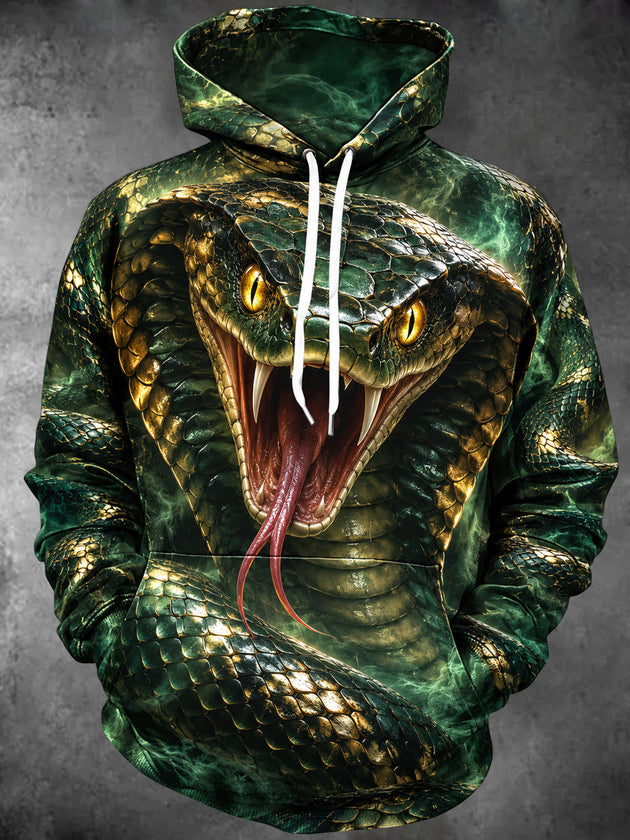Adaychic Men's Long Sleeve Hoodie - Cobra Snake With Open Mouth And Forked Tongue Print