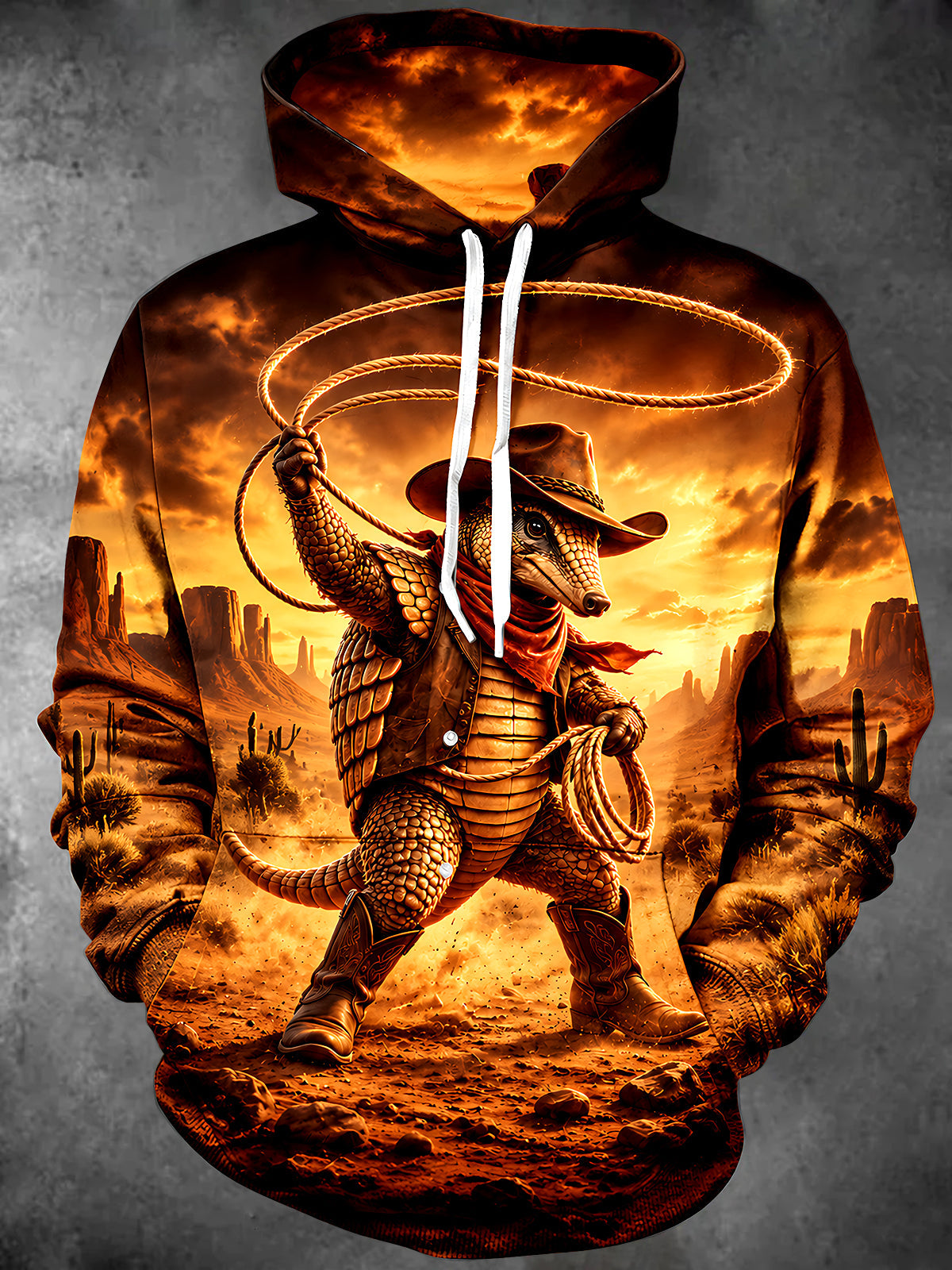 Adaychic Men's Western Cowboy Armadillo With Lasso Print Long Sleeve Hoodie