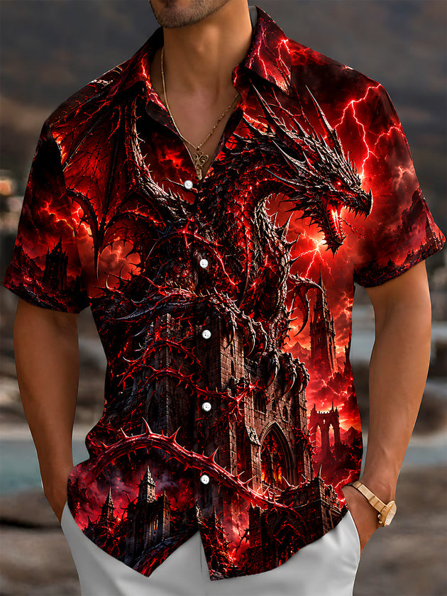 Adaychic Men's Graphic Dragon And Castle Print Short Sleeve Shirt with Chest Pocket
