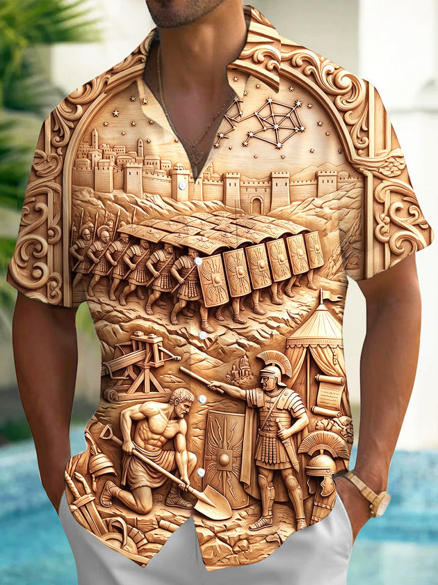 Adaychic Men's Ancient Roman Legion Relief Print Short Sleeve Shirt with Chest Pocket