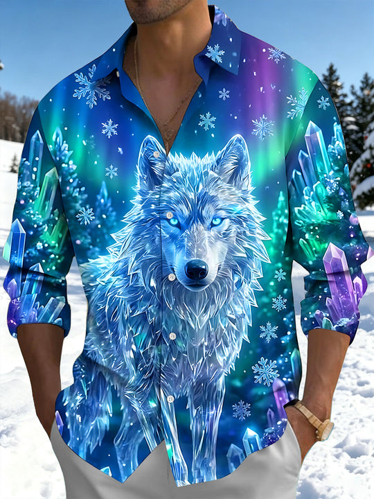 Adaychic Men's Graphic Ice Crystal Wolf Print Long Sleeve Shirt with Chest Pocket