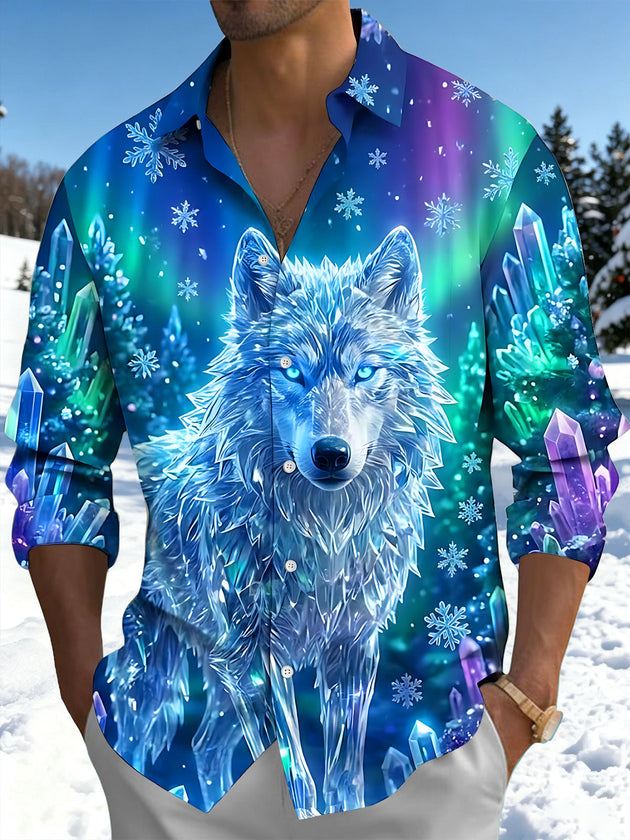 Adaychic Men's Graphic Ice Crystal Wolf Print Long Sleeve Shirt with Chest Pocket