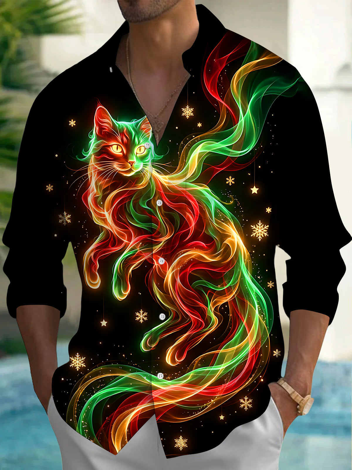 Adaychic Men's Long Sleeve Shirt - Christmas Neon Colorful Cat With Snowflakes And Stars Print with Chest Pocket