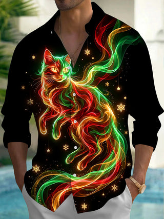 Adaychic Men's Long Sleeve Shirt - Christmas Neon Colorful Cat With Snowflakes And Stars Print with Chest Pocket