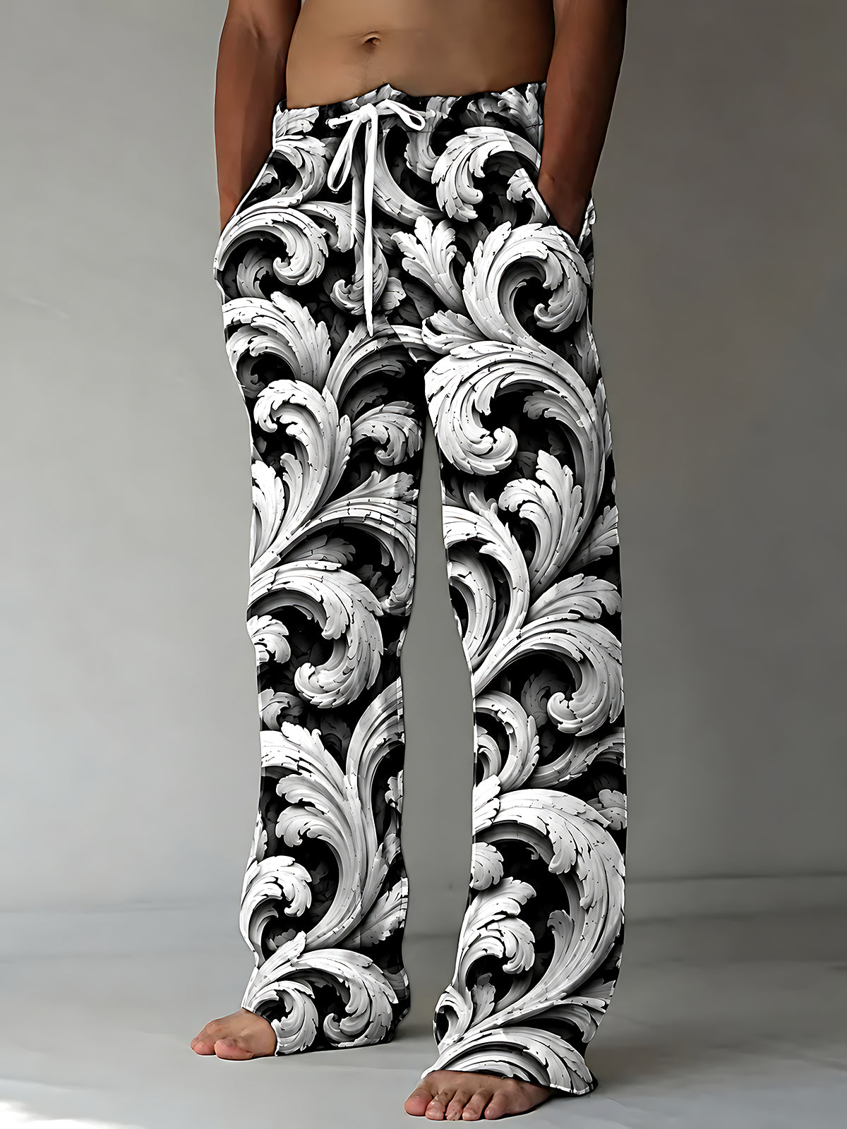 Adaychic Men's Printed Baroque Scrollwork And Acanthus Leaves Print Pants