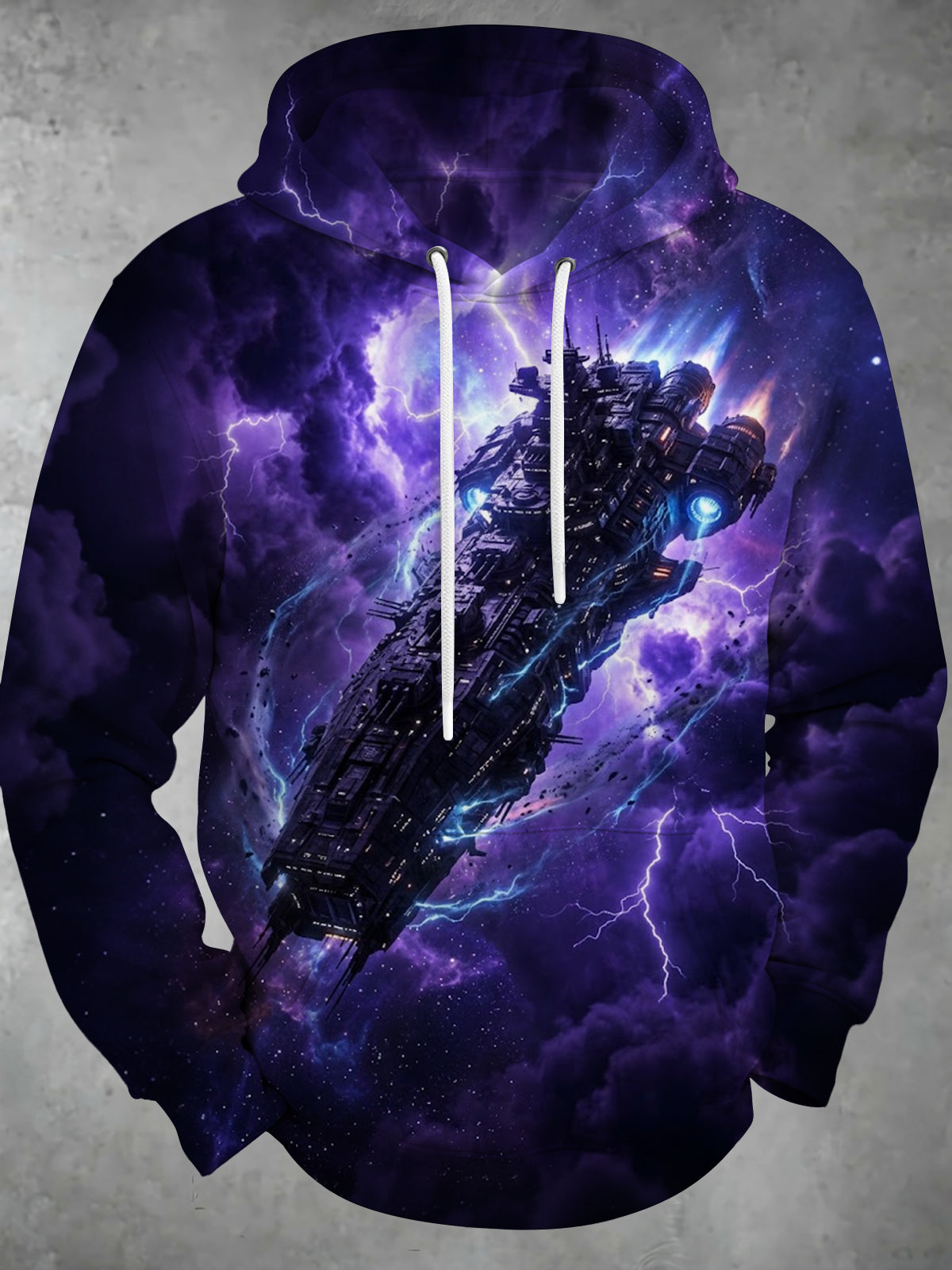 Adaychic Men's Long Sleeve Hoodie - Sci-fi Spaceship With Lightning And Nebula Print