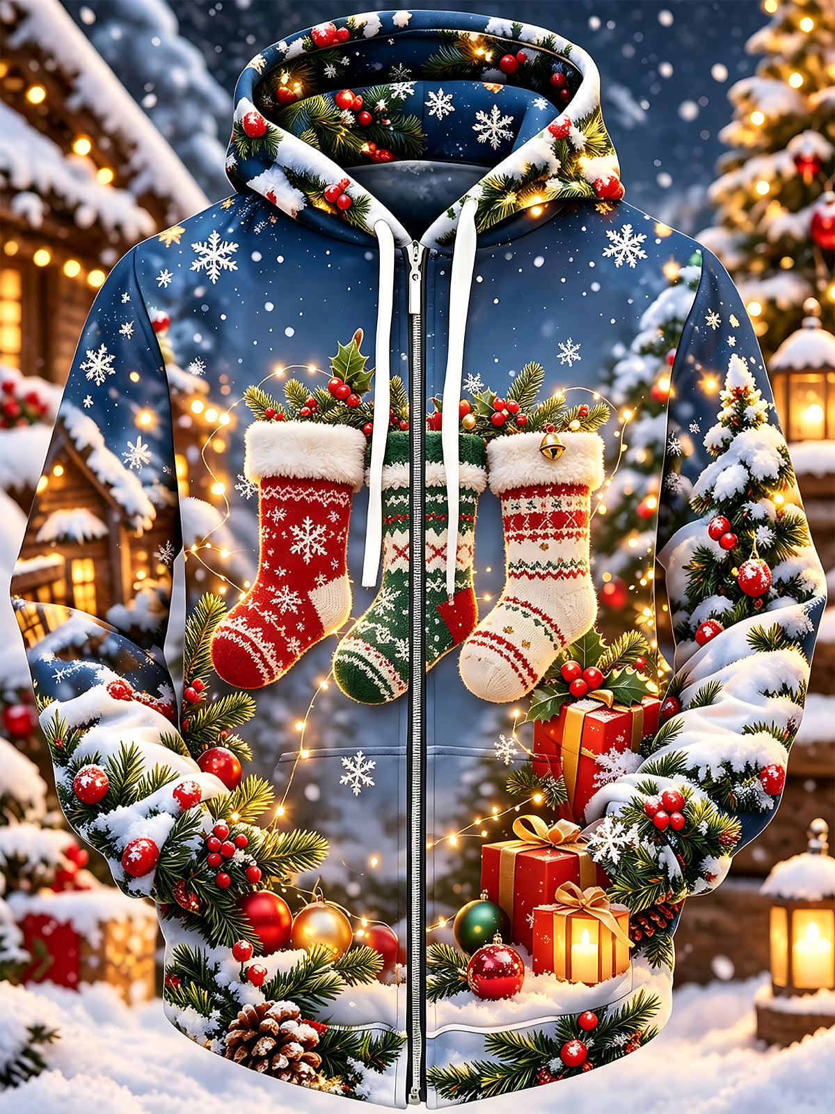 Adaychic Men's Long Sleeve Zip-Up Hoodie - Christmas Stockings And Winter Scene Print