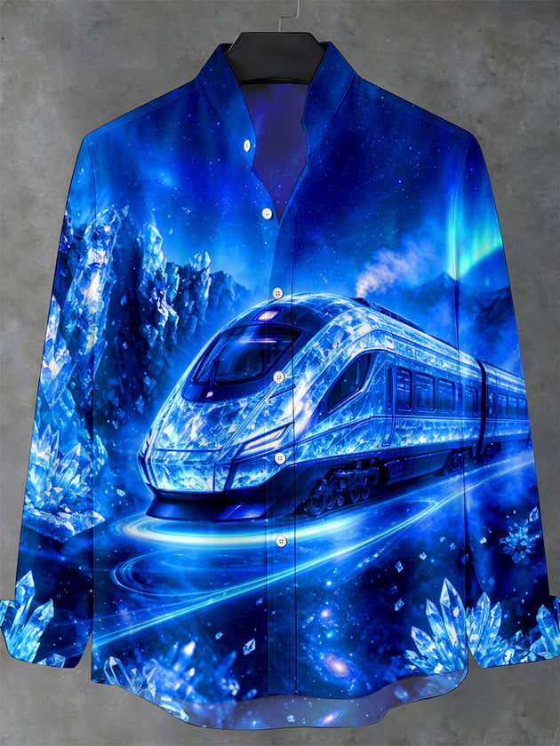 Adaychic Men's Long Sleeve Stand Collar Shirt - Crystal Train And Aurora Borealis Print