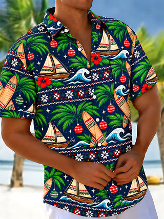 Adaychic Men's Christmas Ornaments And Sailboats Print Short Sleeve Shirt with Chest Pocket