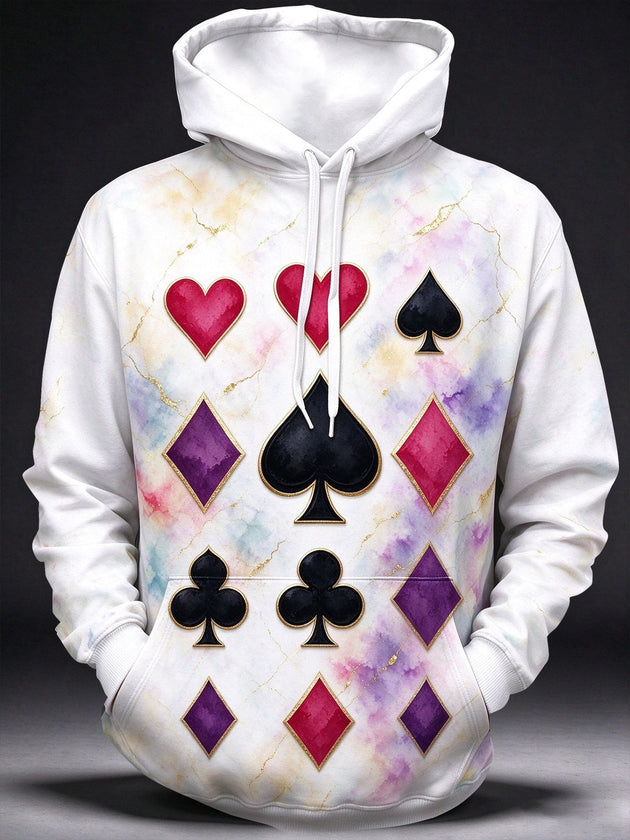 Adaychic Men's Printed Playing Card Suits Print Long Sleeve Pullover Hoodie with Kangaroo Pocket