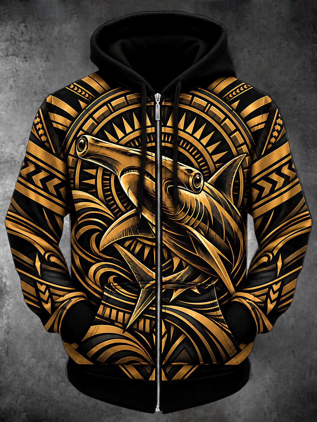 Adaychic Men's Long Sleeve Zip-Up Hoodie - Hammerhead Shark With Tribal Patterns Print