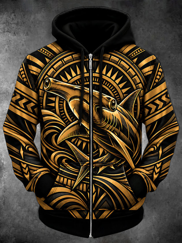 Adaychic Men's Long Sleeve Zip-Up Hoodie - Hammerhead Shark With Tribal Patterns Print