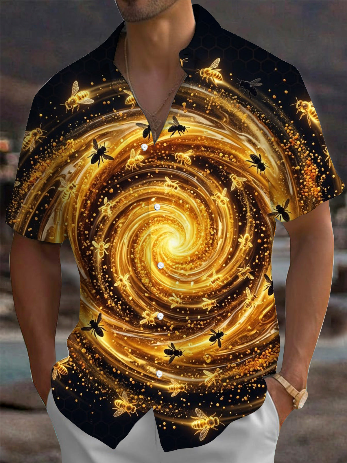 Adaychic Men's Hawaiian Golden Vortex And Bees Print Short Sleeve Shirt with Chest Pocket