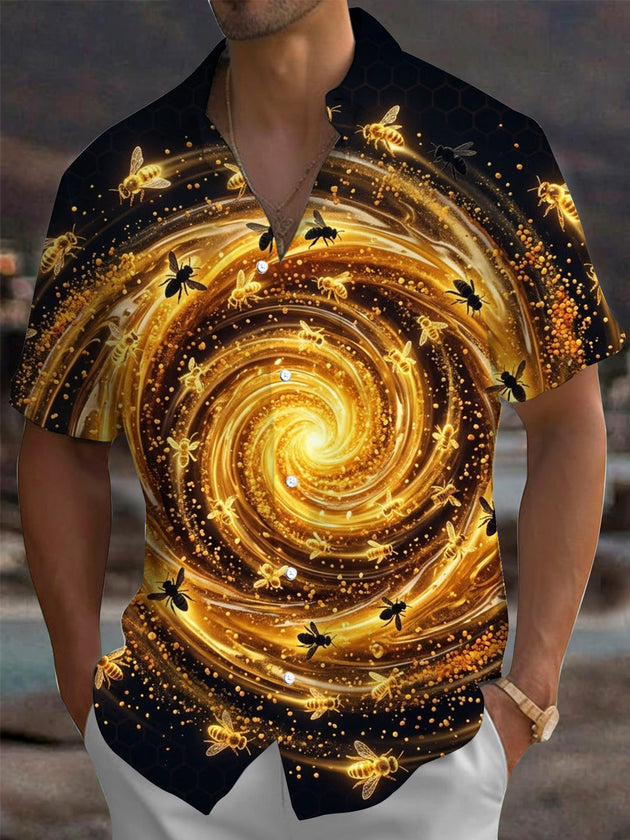 Adaychic Men's Hawaiian Golden Vortex And Bees Print Short Sleeve Shirt with Chest Pocket