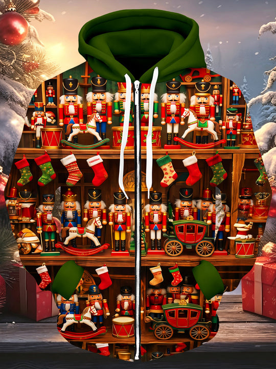 Adaychic Men's Long Sleeve Zip-Up Hoodie - Toy Cabinet Nutcracker Soldiers And Christmas Stockings Print
