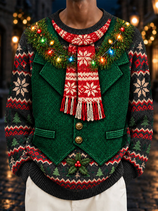 Adaychic Men's Long Sleeve Crew Neck Sweater - Christmas Vest And Scarf With Christmas Lights And Holly Print