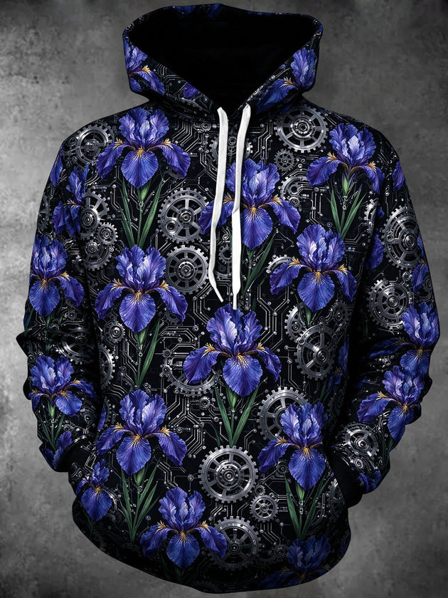 Adaychic Men's Blue Iris Flowers And Mechanical Gears Print Long Sleeve Hoodie
