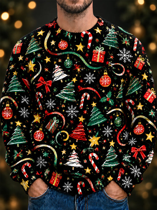 Adaychic Men's Long Sleeve Crew Neck Sweater - Christmas Trees Ornaments Candy Canes And Gifts Print