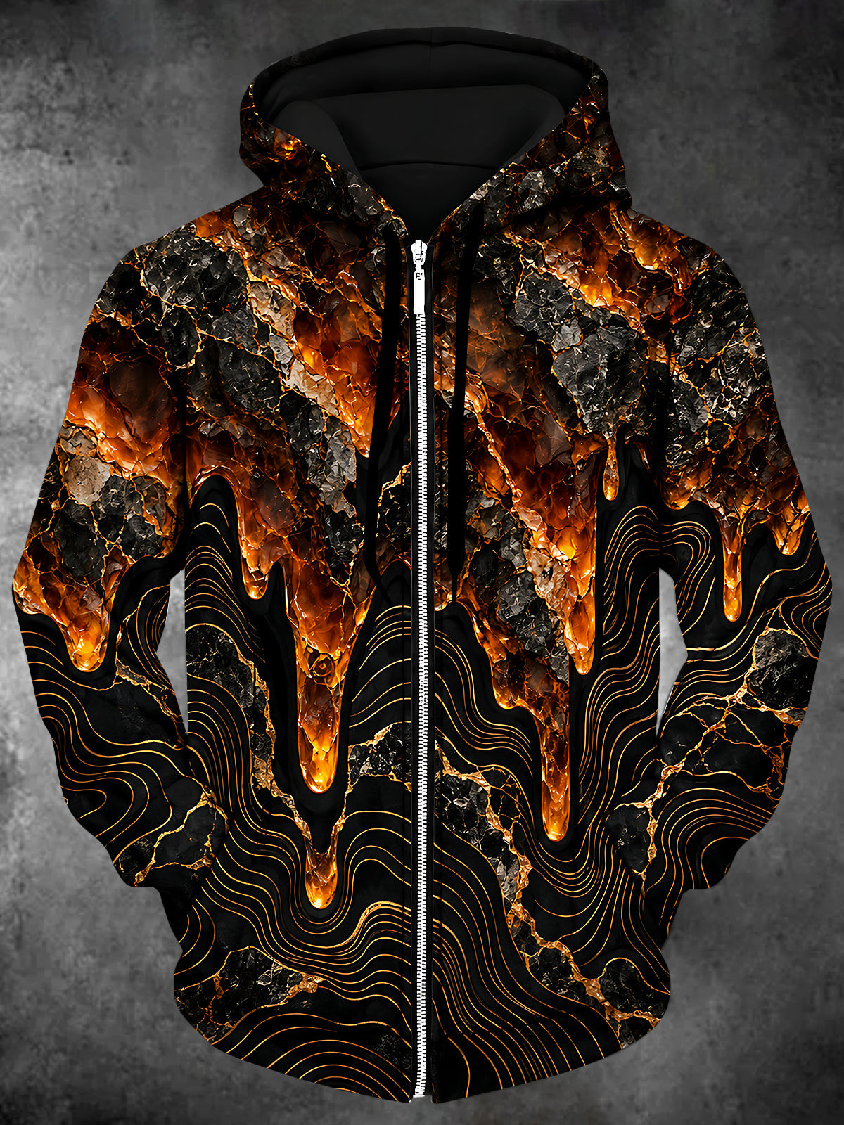 Adaychic Men's Long Sleeve Zip-Up Hoodie - Abstract Lava And Geometric Lines Print with Kangaroo Pocket