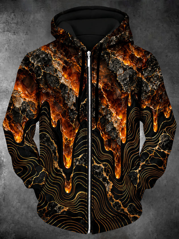 Adaychic Men's Long Sleeve Zip-Up Hoodie - Abstract Lava And Geometric Lines Print with Kangaroo Pocket