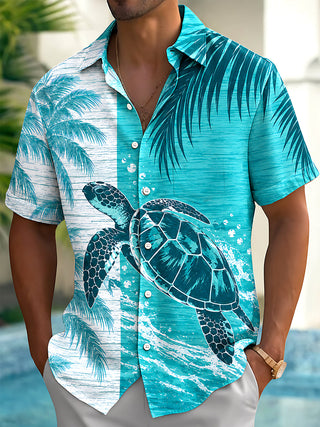 Adaychic Men's Hawaiian Sea Turtle Print Palm Leaves Print Short Sleeve Shirt with Chest Pocket