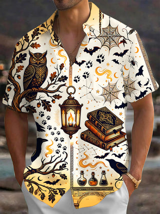 Adaychic Men's Short Sleeve Shirt - Halloween Bats And Spiderwebs Print Mystic Owl And Grimoire Books Print with Chest Pocket
