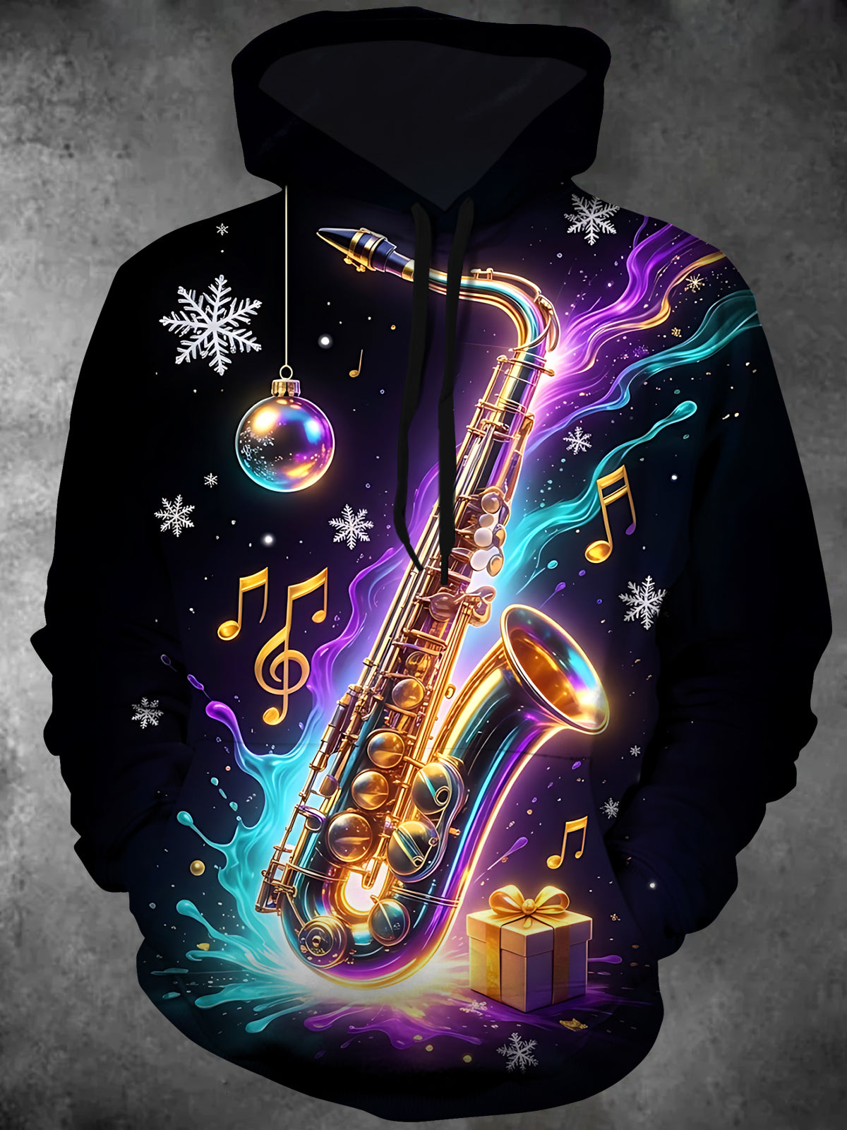 Adaychic Men's Christmas Saxophone And Musical Notes Print Long Sleeve Hoodie