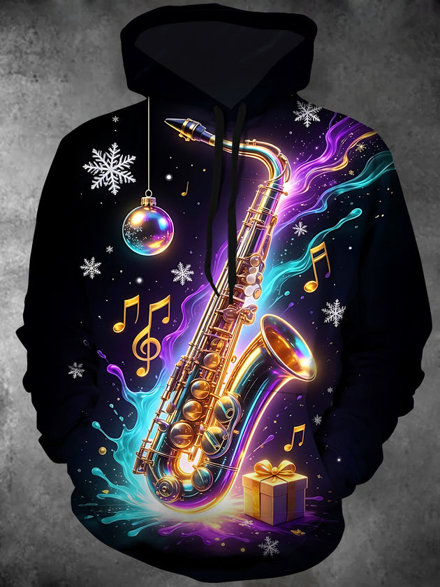 Adaychic Men's Christmas Saxophone And Musical Notes Print Long Sleeve Hoodie