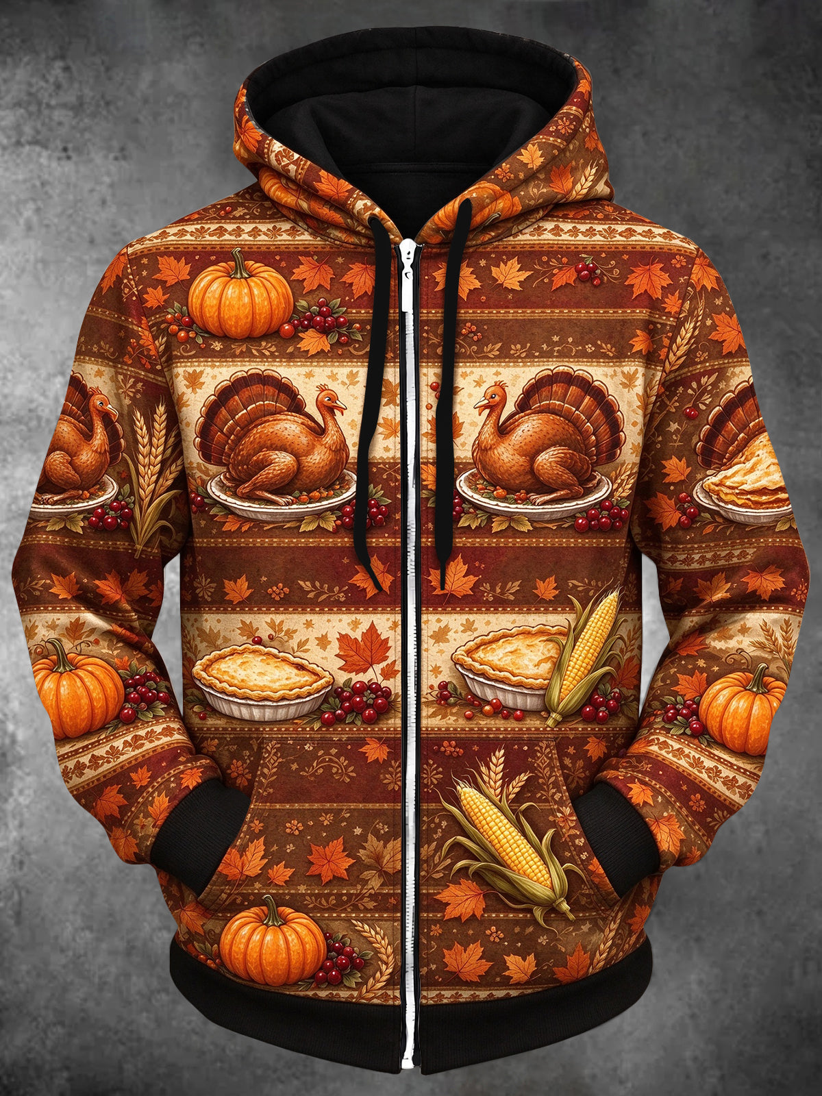 Adaychic Men's Long Sleeve Zip-Up Hoodie - Thanksgiving Roasted Turkeys And Pies Print with Kangaroo Pocket