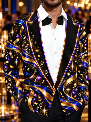 Adaychic Men's Long Sleeve Shirt - Gold And Blue Ribbons With Sparkles And Bubbles Print with Chest Pocket