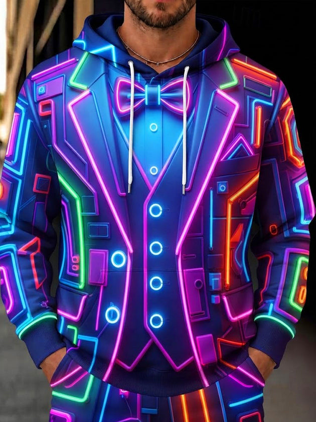 Adaychic Men's 3D Neon Geometric Suit And Bow Tie Print Long Sleeve Hoodie