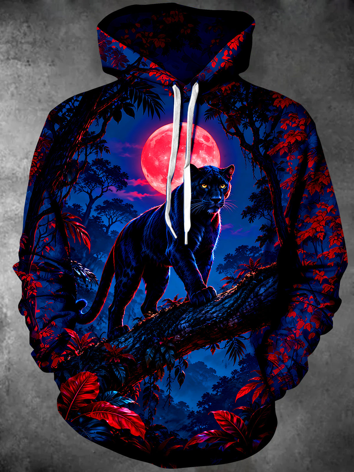 Adaychic Men's Black Panther In Jungle With Red Moon Print Long Sleeve Hoodie