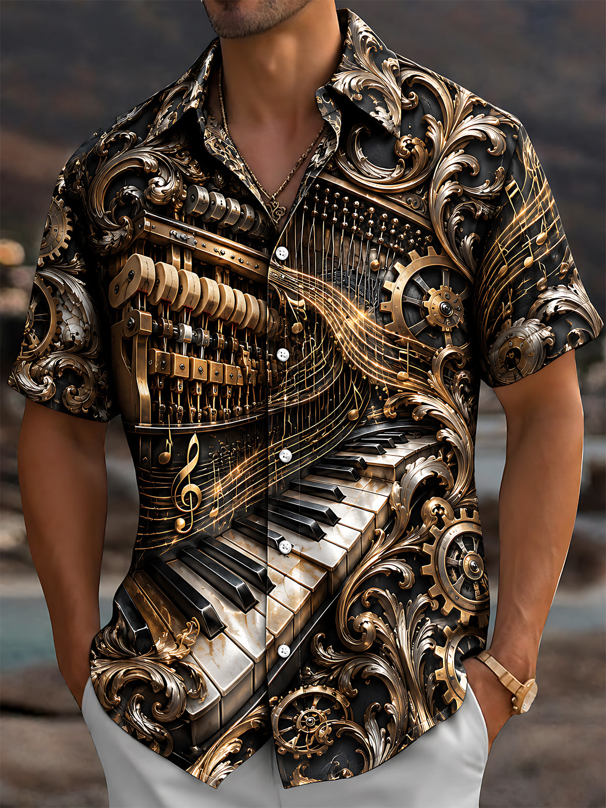 Adaychic Men's Steampunk Piano And Musical Notes Print Short Sleeve Shirt with Chest Pocket