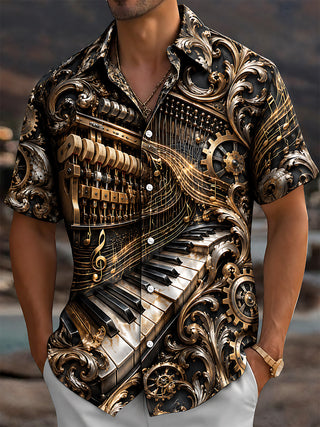 Adaychic Men's Steampunk Piano And Musical Notes Print Short Sleeve Shirt with Chest Pocket
